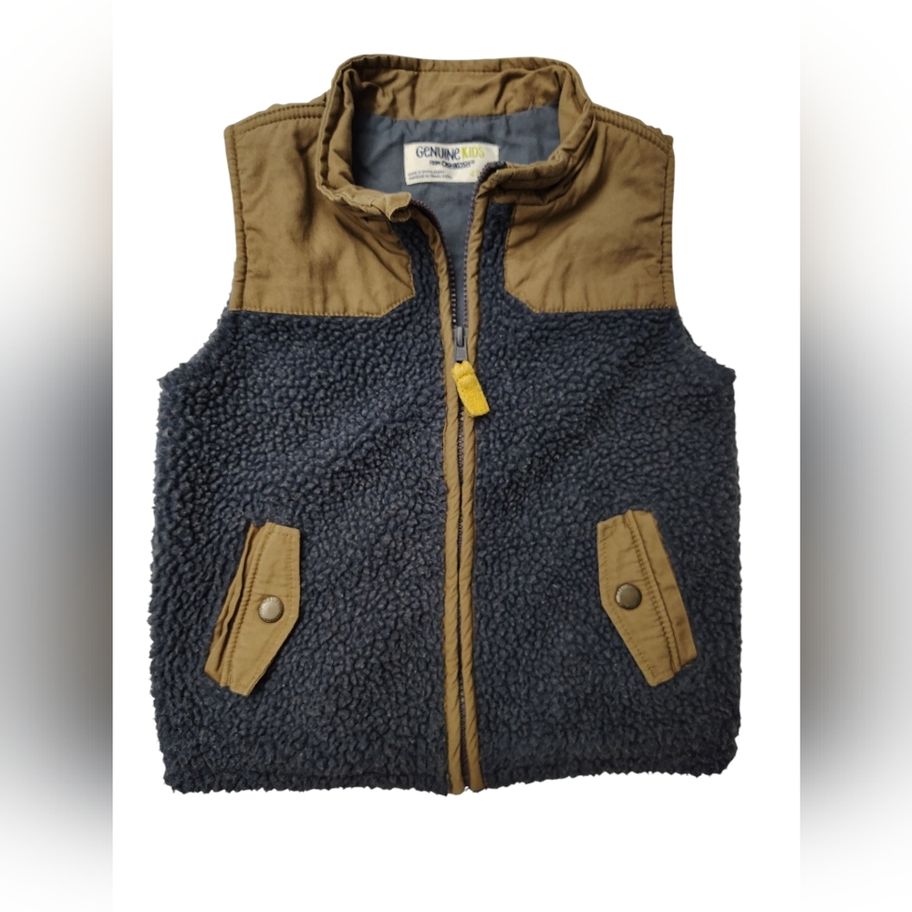 Genuine Kids OshKosh Boys Fleece Utility Vest Pockets Blue Tan Zip Up EUC Sz 4T